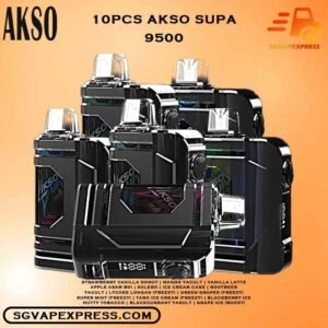 10 PCS X AKSO SUPA 9500 ( 9.5k Puffs ) DISPOSABLE BUNDLE - SGVAPEXPRESS VAPE SINGAPORE SG SHOP The 10 PCS X AKSO SUPA 9500 ( 9.5k Puffs ) DISPOSABLE BUNDLE Package include : Choose 10 Pcs of AKSO SUPA 9.5K Puffs with amazing price ! Free Gift x1 FREE DELIVERY Akso supa 9500 Disposable Ready stock in our sg singapore store online shop. This Kit is new era disposable vape device. It has child lock mode function, smart screen indicator to show battery percentage and high power boost button. The child lock mode can make sure children wont use the device accidentally. Futhermore, the high power boost button can bring more smoke feeling to SG vape users. Looking for a vape shop in Singapore? Check out the Akso Supa 9500 Puff Disposable Vape, featuring same-day delivery, 5% nicotine content, and adjustable airflow. Find out more about this Akso vape and where to get it. Get ur akso supa now at SG VAPER SHOP . We provide same day cash on delivery service with 0 deposit! Specifications: LED Light Battery Indicator 10 Seconds Cut-Off Protection Short-Circuit Protection Over Temperature Protection Under Voltage Protection 3.6V Constant Voltage Output LED screen, show power and ejuice volume Power boosting buttom Children lock system ⚠️AKSO SUPA 9500 PUFFS FLAVOUR LIST⚠️ Strawberry Vanilla Donut Mango Yacult Vanilla Latte Apple Asam Boi Solero Ice Cream Cake Rootbeer Yacult Lychee Longan (Freezy) Green Grapes (Freezy) Super Mint (Freezy) Taro Ice Cream (Freezy) Blackberry Ice Nutty Tobacco Blackcurrant Yakult Grape Ice (Boost) Mango Ice (Boost) Watermelon Ice (Boost) Guava Asam (Boost) Melony Gum (Boost) Strawberry Gum (Boost) Vape Singapore SGVAPEXPRESS , Same day delivery in Singapore all area. Contact with us : WhatsApp SGVAPEXPRESS Join with us : Telegram Channel Group Placing order Before 5pm ,Received Parcel at evening 20:00pm - 23:00pm.