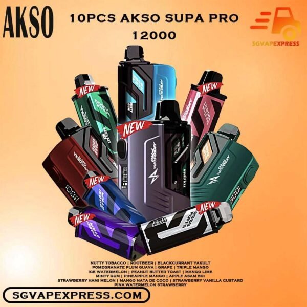 10 PCS X AKSO SUPA PRO 12000 ( 12k Puffs ) BUNDLE - SGVAPEXPRESS VAPE SINGAPORE SG SHOP Sale of bundle package AKSO SUPA PRO 12000 Puffs Starter Kit , choose 10Pcs flavour get lowest price at SG VAPE XPRESS SINGAPORE SHOP! AKSO SUPA PRO 12000 Flavour Disposable ( 12k Puffs ) Ready stock in our sg singapore store online shop for same day delivery , This device are one of the smash-market Cartridge System Pod in Malaysia. They pack a rechargeable battery and come prefilled with a whopping 12ml of liquid together with an indicator special for battery and liquid level. This allows you to vape longer on a single disposable and makes the AKSO SUPA PRO FLAVOUR a great option for traveling, extended road trips, or even just day-to-day use. Whole Set It include 1 cartridge and 1 device, providing everything you need to get started. When the cartridge is finish, simply replace it with a new cartridge, reusing the existing battery to save costs. Enjoy up to 12000 puffs and explore 20 + exciting flavors, all waiting for you to unleash the SUPA POWER! AKSO SUPA USER MANUAL : High Power Mode : Long Press on side button while inhale Unlocking / Lock Child Lock : Press 3 time continuosly at the side button (Green light mean unlock, Blue light is lock) STARTER KIT Package Include : X1 AKSO SUPA PRO 12K Device Battery X1 Prefilled Pod 12k Puffs Specifications: Puffs : 12000 E-Liquid Capacity : 12 ML Coil : Mesh coil Battery Capacity : Type-C Rechargeable Nicotine Strength : 5% Package Include : 10 X AKSO SUPA PRO 12K Puffs - Starter Kit Free Delivery Charge ⚠️AKSO SUPA PRO 12000 PUFFS FLAVOUR LIST⚠️ Nutty Tobacco Rootbeer Blackcurrant Yakult Pomegranate Plum Guava Grape Triple Mango Ice Watermelon Peanut Butter Toast Mango Lime Minty Gum Pineapple Mango Apple Asam Boi Strawberry Hami Melon Mango Nata De Coco Strawberry Vanilla Custard Pina Watermelon Strawberry Zesty Grape Watermelon Grape Honeydew Blackcurrant Passion Grape Mango Mangosteen Lychee Longan Grape Gum Ice Coffee Hazelnut Oolong Green Tea Blueberry Kiwi Wild Sour Berry Apple Aloe Vera Passion Lychee Blueberry Yakult Tie Guan Yin Vape Singapore SGVAPEXPRESS , Same day delivery in Singapore all area. Contact with us : WhatsApp SGVAPEXPRESS Join with us : Telegram Channel Group Placing order Before 5pm ,Received Parcel at evening 20:00pm - 23:00pm.
