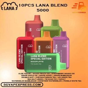 10PCS X LANA BLEND 5000 DISPOSABLE BUNDLE - SGVAPEXPRESS VAPE SINGAPORE SG SHOP The 10PCS X LANA BLEND 5000 DISPOSABLE BUNDLE Package include : Choose 10 Pcs of LANA BLEND 5K Puffs with amazing price ! Free Gift x1 FREE DELIVERY Lana Blend Special 5000 Puffs Disposable Vape Ready stock in our sg singapore store online shop for same day delivery. This Kit is a compact and stylish vape kit that offers a convenient and satisfying vaping experience, it is perfect for those who prefer a simple yet stylish look. One of the standout features of the Lanabar 5000 is its flavor options. The device offers a range of flavors to choose from, each with its own unique taste profile. The flavors are well-balanced and do not contain any harsh or irritant ingredients, making for a smooth and enjoyable vaping experience. Whether you prefer sweet, fruity, or menthol flavors, the the Lanabar 5000 has something for everyone. Another advantage of the the Lanabar 5000 is its size and portability. Specification: Nicotine 30mg (3%) Approx. 5000 puffs Capacity 13ml Rechargeable Battery 850mAh Charging Port: Type-C ⚠️LANA BLEND 5000 PUFFS FLAVOUR LIST⚠️ Aloe Yogurt Mango Peach Ice Strawberry Mango Ice Grape Apple Ice Grape Honey Grape Bubblegum Double Mint Chrysanthemum Tea Ice Lemon Tea Sea Salt Lemon Tie Guan Yin Yakult Watermelon Bubblegum Honeydew Watermelon Pomelo White Tea Vape Singapore SGVAPEXPRESS , Same day delivery in Singapore all area. Contact with us : WhatsApp SGVAPEXPRESS Join with us : Telegram Channel Group Placing order Before 5pm ,Received Parcel at evening 20:00pm - 23:00pm.