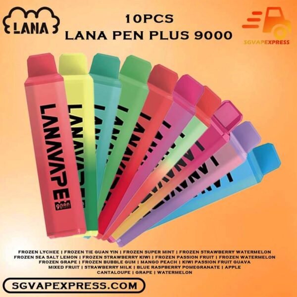 10 PCS X LANA PEN PLUS 9000 DISPOSABLE BUNDLE - SGVAPEXPRESS VAPE SINGAPORE SG SHOP The Lana Pen Plus 9000 Puffs ( 9k Puffs ) disposable vape Ready stock in our sg singapore store online shop for same day delivery. This Kit is cool design and it is rechargeable. It contains nicotine salt e-juice and vapes up to 9000 puffs. The Lana Pen 9k Puffs there are many flavours for you to choose from. The rechargeable port at the bottom of the device guarantees you finish the last drop of the e-juice in the tank every time. it is welcome by many vapers due to the vaping taste and the appearance, the LED Flash  will change color when vaping, looks cool too. Specification: Approx. 9000 puffs Capacity 15ml Rechargeable Battery 650mAh Charging Port: Type-C Package Include : 10 X LANA PEN PLUS 9k Puffs Free Delivery Charge ⚠️LANA PEN PLUS 9000 PUFFS FLAVOUR LIST⚠️ Cantaloupe (Honeydew) Passion Fruit Grape Lychee Strawberry Milk Watermelon Apple Mixed Fruit Blue Raspberry Pomegranate Taro Ice Cream Frozen Bubblegum Frozen Strawberry Kiwi Frozen Lychee Frozen Grape Frozen Sea Salt Lemon Frozen Passion Fruit Frozen Super Mint Frozen Strawberry Watermelon Frozen Watermelon Frozen Tie Guan Yin Pomelo Blackcurrant Mint Mango Peach Kiwi Passion Guava Mint Vape Singapore SGVAPEXPRESS , Same day delivery in Singapore all area. Contact with us : WhatsApp SGVAPEXPRESS Join with us : Telegram Channel Group Placing order Before 5pm ,Received Parcel at evening 20:00pm - 23:00pm.