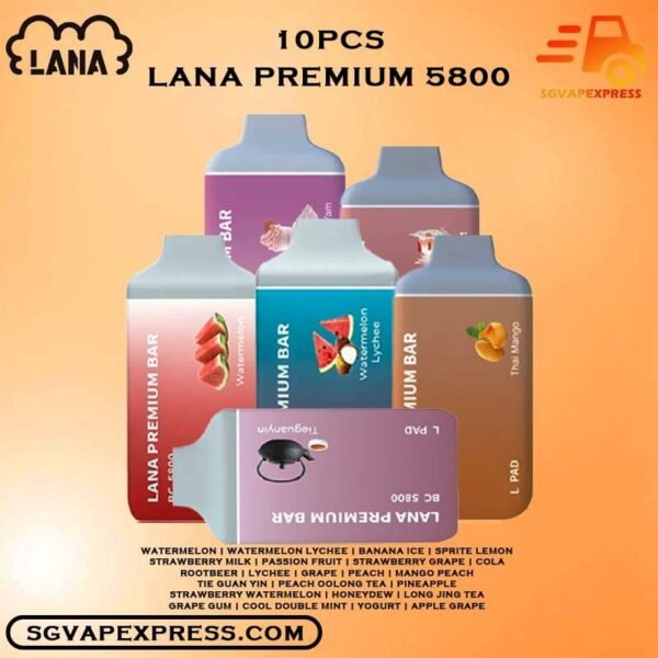 10PCS X LANA PREMIUM BAR 5800 DISPOSABLE BUNDLE - SGVAPEXPRESS VAPE SINGAPORE SG SHOP The 10PCS X LANA Premium bar 5800 DISPOSABLE BUNDLE Package include : Choose 10 Pcs of LANA PREMIUM 5.8K Puffs with amazing price ! Free Gift x1 FREE DELIVERY The Lana Premium Bar 5800 Puffs Disposable vape Ready stock in our sg singapore store online shop for same day delivery. This Kit is large enough to hold Pre-filled 6ml Vape Juice, with 3% nicotine level, and has a 350mAh built-in battery that can be recharged for up to 5,800 puffs, which is pre-filled, pre-charged,Type-C charger and requires no additional maintenance. It is a highly concentrated salt-based nicotine that absorbs into the bloodstream at a faster rate than free-base nicotine. Of suitable size and weight, ergonomic design and easy to hold,a stylish look, comfortable feel and reliable quality, this Lana Premium Bar 5800 Puffs can provide you with a comfortable experience to use and bring comfort to your throat whenever you need it, with the addition of mesh 1.2ohm and draw-activated firing mechanism. Specification: Nicotine 30mg (3%) Approx. 5800 Puffs Capacity 13ml Rechargeable Battery 650mah ⚠️LANA PREMIUM 5800 PUFFS FLAVOUR LIST⚠️ Watermelon Watermelon Lychee Banana Ice Sprite Lemon Strawberry Milk Passion Fruit Strawberry Grape Cola Rootbeer Lychee Grape Peach Mango Peach Tie Guan Yin Peach Oolong Tea Pineapple Strawberry Watermelon Honeydew Long Jing Tea Grape Gum Cool Double Mint Yogurt Apple Grape Thai Mango Champagne Apple Honey Grape Lemonade Tea Golden Armour (Chrysanthemum Tea) Strawberry Banana Taste Of Sea Grape Peach Banana Milk Frothlove Coffee Yummy Yam Vape Singapore SGVAPEXPRESS , Same day delivery in Singapore all area. Contact with us : WhatsApp SGVAPEXPRESS Join with us : Telegram Channel Group Placing order Before 5pm ,Received Parcel at evening 20:00pm - 23:00pm.