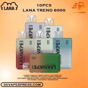 10PCS X LANA TREND 6000 DISPOSABLE BUNDLE - SGVAPEXPRESS VAPE SINGAPORE SG SHOP The 10PCS X LANA Trend 6000 DISPOSABLE BUNDLE Package include : Choose 10 Pcs of LANA TREND 6K Puffs with amazing price ! Free Gift x1 FREE DELIVERY The Lana Trend 6000 / 6k Puffs Disposable Vape Ready stock in our sg singapore store online shop for same day delivery. This kit goes the extra mile, Powered by a 500mAh battery,  offering an impressive 6000 puffs on a single charge. Big farewell to the inconvenience of frequent recharges, and relish uninterrupted vaping throughout your day. Prepare for a thrilling experience with Lanavape. It's like a bolt of energy in a vape, infusing the sharp vigor of an energy drink with  the delightful twist of mixed berries. Every puff is a bold and electrifying journey for those who seek an exhilarating vape. As an added bonus, the the Lana Trend comes preloaded with salt nicotine e-liquid.  This means you'll enjoy a smoother throat hit compared to freebase nicotine, and your nicotine cravings will be swiftly met,  thanks to its rapid absorption by the body. Specification: Nicotine (30mg) 3% Approx. 6000 Puffs Capacity 8ml Rechargeable Battery 550mAh Charging Port: Type-C ⚠️LANA TREND 6000 PUFFS FLAVOUR LIST⚠️ Tie Guan Yin Lychee Watermelon Grape Rootbeer Menthol ice Peach Pomelo Jasmine Tea Thai Mango Spring Water Ice Lemon Tea Sakura Yogurt Taro Sago Dessert Guava Classic Tobacco Strawberry Watermelon Apple Jasmine Tea Vape Singapore SGVAPEXPRESS , Same day delivery in Singapore all area. Contact with us : WhatsApp SGVAPEXPRESS Join with us : Telegram Channel Group Placing order Before 5pm ,Received Parcel at evening 20:00pm - 23:00pm.