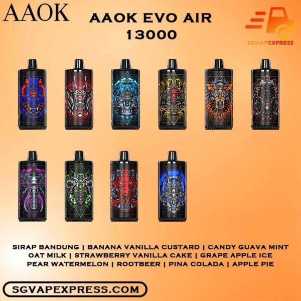 AAOK EVO AIR 13000 DISPOSABLE - SGVAPEXPRESS SINGAPORE The AAOK EVO AIR 13000 is a disposable Vape Ready stock in our sg singapore store online shop for same day delivery , This device known for its high puff count of 13000 and features such as a Type-C rechargeable port and an 800mAh battery. This device offers a convenient and long-lasting vaping experience, making it popular among vapers who prefer disposables with extended usage times. Discover out signature Apple Pie flavor, alongside popular options like AAOK 13K Banana Vanilla Custard , Grape Apple Ice , Pineapple Colada , Pear Watermelon , Strawberry Vanilla , and Oat Milk . For those craving extra sweetness, you can also enjoy Root Beer or Sirap Bandung flavors. Specifications: Puffs : 13000 Puffs Volume : 16ML Flavour Charging : Rechargeable with Type C Coil : Mesh Coil Fully Charged Time : 15mins Nicotine Strength : 3% ⚠️AAOK EVO AIR 13000 PUFFS FLAVOUR LIST⚠️ Sirap Bandung Banana Vanilla Custard Candy Guava Mint Oat Milk Strawberry Vanilla Cake Grape Apple Ice Pear Watermelon Rootbeer Pina Colada Apple Pie Vape Singapore SGVAPEXPRESS , Same day delivery in Singapore all area. Contact with us : WhatsApp SGVAPEXPRESS Join with us : Telegram Channel Group Placing order Before 5pm ,Received Parcel at evening 20:00pm - 23:00pm.