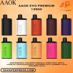 AAOK EVO AIR PREMIUM 13500 DISPOSABLE - SGVAPEXPRESS VAPE SINGAPORE SG SHOP Experience the forefront of vaping innovation with the AAOK EVO AIR PREMIUM 13500 ( 13K ) Puffs Vape Ready stock in our sg singapore store online shop for same day delivery. An replacement for AAOK 13.5Puffs. It design with same feature as a freebase e-juice disposable. But in this latest version it has bigger volume and stronger airflow to produce larger vapor clouds! Engineered to generate expansive clouds, this disposable pods enables vapers to indulge in deep inhalations and exhale dense plumes of vapor. It’s poised to become the premier smoke-producing disposable vape available! Specifications: Puff : 13,500 Puffs Battery Capacity : 800 mAh Resistance : 1.0 ohm E-Juice Capacity : 16.5 ML Charging : Rechargeable with Type C Power : 13W Nicotine Strength : 3% Coil : Mesh Coil Charging Time : Roughly 15 min Airflow Adjustable Freebase E-Juice – Direct to lung ⚠️AAOK PREMIUM 13500 PUFFS FLAVOUR LIST⚠️ Grape Bubblegum Strawberry Bubblegum Energy Drink Spritte Lychee Ice Mango Blackcurrant Strawberry Fanta Blueberry Vanilla Strawberry Vanilla Vape Singapore SGVAPEXPRESS , Same day delivery in Singapore all area. Contact with us : WhatsApp SGVAPEXPRESS Join with us : Telegram Channel Group Placing order Before 5pm ,Received Parcel at evening 20:00pm - 23:00pm.