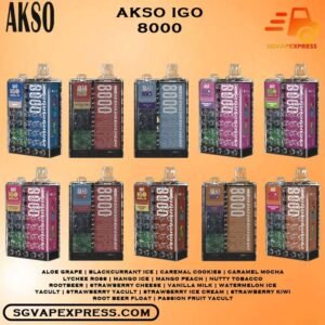 AKSO IGO 8000 ( 8K Puffs ) DISPOSABLE - SGVAPEXPRESS VAPE SINGAPORE SG SHOP Akso IGO 8000 ( 8K Puffs ) Disposable Vape Ready stock in our sg singapore store online shop. This Kit is a high-capacity device designed for an extended vaping experience.Beside, the device comes pre-filled with 15ml of e-liquid, which is available in a range of delicious flavors and nicotine strengths. Akso IGO Vape features an ergonomic design that is comfortable to hold and use. It mouthpiece is designed to enhance the vaping experience, and the device is draw activated, making it easy to use. Akso IGO 8000 puffs disposable is portable, making it easy to carry in a pocket .Its compact design does not compromise on performance, deliver smooth vapor production with every puff. Specifications: Puffs: 8000 Nicotine Strength: 5% Coil: 1.1Ω meshed coil Battery: 650 mAh (Re-Chargeable) Charging Port : Type C ⚠️AKSO IGO 8000 PUFFS FLAVOUR LIST⚠️ Aloe Grape Blackcurrant Ice Caremal Cookies Caramel Mocha Lychee Ross Mango Ice Mango Peach Nutty Tobacco Rootbeer Strawberry Cheese Vanilla Milk Watermelon Ice Yacult Strawberry Yacult Strawberry Ice Cream Strawberry Kiwi Root Beer Float Passion Fruit Yacult Mix Berries Honeydew Guava Frezzy Cola Apple Yacult Vape Singapore SGVAPEXPRESS , Same day delivery in Singapore all area. Contact with us : WhatsApp SGVAPEXPRESS Join with us : Telegram Channel Group Placing order Before 5pm ,Received Parcel at evening 20:00pm - 23:00pm.