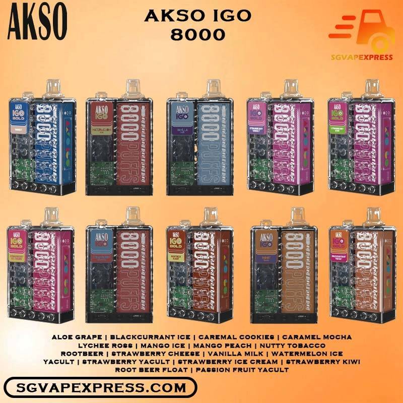 AKSO IGO 8000 ( 8K Puffs ) DISPOSABLE - SGVAPEXPRESS VAPE SINGAPORE SG SHOP Akso IGO 8000 ( 8K Puffs ) Disposable Vape Ready stock in our sg singapore store online shop. This Kit is a high-capacity device designed for an extended vaping experience.Beside, the device comes pre-filled with 15ml of e-liquid, which is available in a range of delicious flavors and nicotine strengths. Akso IGO Vape features an ergonomic design that is comfortable to hold and use. It mouthpiece is designed to enhance the vaping experience, and the device is draw activated, making it easy to use. Akso IGO 8000 puffs disposable is portable, making it easy to carry in a pocket .Its compact design does not compromise on performance, deliver smooth vapor production with every puff. Specifications: Puffs: 8000 Nicotine Strength: 5% Coil: 1.1Ω meshed coil Battery: 650 mAh (Re-Chargeable) Charging Port : Type C ⚠️AKSO IGO 8000 PUFFS FLAVOUR LIST⚠️ Aloe Grape Blackcurrant Ice Caremal Cookies Caramel Mocha Lychee Ross Mango Ice Mango Peach Nutty Tobacco Rootbeer Strawberry Cheese Vanilla Milk Watermelon Ice Yacult Strawberry Yacult Strawberry Ice Cream Strawberry Kiwi Root Beer Float Passion Fruit Yacult Mix Berries Honeydew Guava Frezzy Cola Apple Yacult Vape Singapore SGVAPEXPRESS , Same day delivery in Singapore all area. Contact with us : WhatsApp SGVAPEXPRESS Join with us : Telegram Channel Group Placing order Before 5pm ,Received Parcel at evening 20:00pm - 23:00pm.
