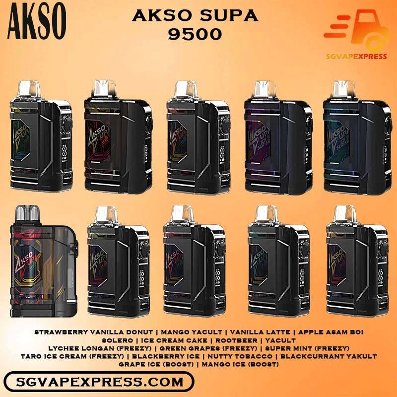 AKSO SUPA 9500 DISPOSABLE - SGVAPEXPRESS VAPE SINGAPORE SG SHOP Akso supa 9500 Disposable Ready stock in our sg singapore store online shop. This Kit is new era disposable vape device. It has child lock mode function, smart screen indicator to show battery percentage and high power boost button. The child lock mode can make sure children wont use the device accidentally. Futhermore, the high power boost button can bring more smoke feeling to SG vape users. Looking for a vape shop in Singapore? Check out the Akso Supa 9500 Puff Disposable Vape, featuring same-day delivery, 5% nicotine content, and adjustable airflow. Find out more about this Akso vape and where to get it. Get ur akso supa now at SG VAPER SHOP . We provide same day cash on delivery service with 0 deposit! Specifications: LED Light Battery Indicator 10 Seconds Cut-Off Protection Short-Circuit Protection Over Temperature Protection Under Voltage Protection 3.6V Constant Voltage Output LED screen, show power and ejuice volume Power boosting buttom Children lock system ⚠️AKSO SUPA 9500 PUFFS FLAVOUR LIST⚠️ Strawberry Vanilla Donut Mango Yacult Vanilla Latte Apple Asam Boi Solero Ice Cream Cake Rootbeer Yacult Lychee Longan (Freezy) Green Grapes (Freezy) Super Mint (Freezy) Taro Ice Cream (Freezy) Blackberry Ice Nutty Tobacco Blackcurrant Yakult Grape Ice (Boost) Mango Ice (Boost) Watermelon Ice (Boost) Guava Asam (Boost) Melony Gum (Boost) Strawberry Gum (Boost) Vape Singapore SGVAPEXPRESS , Same day delivery in Singapore all area. Contact with us : WhatsApp SGVAPEXPRESS Join with us : Telegram Channel Group Placing order Before 5pm ,Received Parcel at evening 20:00pm - 23:00pm.