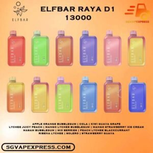 ELF BAR RAYA D1 13000 ( 13k Puffs ) DISPOSABLE - SGVAPEXPRESS VAPE SINGAPORE SG ELFBAR RAYA D1 13000 Puffs ( 13K ) ,Ready stock in our sg singapore store online shop for same day delivery.  Prepare yourself for a vaping experience like no other with the ElfBar Raya D1 13000 ( 13k puffs ) Disposable Vape device. Boasting an astounding capacity of approximately 13k puffs, this innovative device offers an extended vaping experience that combines convenience, performance, and reliability. Let’s explore the key features that make the Elf Bar Raya D1 13k a standout choice for both novice and experienced vapers alike. Specifications: Nicotine 50mg (5%) Approx. 13000 Puffs Capacity 18ml Rechargeable Battery 650mAh Anti Dry-Burn Protection E-liquid & Power Display Screen Charging Port: Type-C ⚠️ELFBAR RAYA D1 13000 PUFFS FLAVOUR LIST⚠️ Mango Lychee Bubblegum Lychee Juicy Peach Ribena Lychee Mixed Berry Kiwi Guava Grape Peach Lychee Blackcurrant Mango Strawberry Ice Cream Solero Cola Strawberry Guava Masam Bubblegum Apple Orange Bubblegum Vape Singapore SGVAPEXPRESS , Same day delivery in Singapore all area. Contact with us : WhatsApp SGVAPEXPRESS Join with us : Telegram Channel Group Placing order Before 5pm ,Received Parcel at evening 20:00pm - 23:00pm.