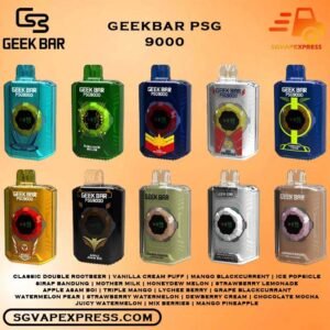 GEEKBAR ( GEEK BAR ) PSG 9000 DISPOSABLE - SGVAPEXPRESS VAPE SINGAPORE SG SHOP The GeekBar ( Geek Bar ) Psg 9000 Puffs Vape Ready stock in our sg singapore store online shop for same day delivery. Unleash the power of vaping with the GEEK BAR 9000 Puffs Disposable Pod. Experience an astounding capacity of up to 9K puffs, ensuring prolonged enjoyment without the hassle of frequent replacements. Embrace the convenience of its Type C Rechargeable feature, allowing you to recharge and savor your favorite flavors at your convenience. Stay in control and never miss a beat with the Smart Screen Indicator, keeping you updated on both battery and e-liquid levels in real-time. With Adjustable Airflow, tailor your vaping experience to perfection, delivering smooth and flavorful clouds that suit your unique preferences. Elevate your vaping journey today and enjoy unmatched performance, convenience, and satisfaction with the GEEKBAR! Specifications: Puff : 9000 Puffs Volume : 18ML Flavour Charging : Rechargeable with Type C Coil : Mesh Coil Fully Charged Time : 20mins Nicotine Strength : 5% ⚠️GEEK BAR 9000 PUFFS FLAVOUR LIST⚠️ Classic Double Rootbeer Vanilla Cream Puff Mango Blackcurrent Ice Popsicle Sirap Bandung Mother Milk Honeydew Melon Strawberry Lemonade Apple Asam Boi Triple Mango Lychee Berry Grape Blackcurrant Watermelon Pear Strawberry Watermelon Dewberry Cream Chocolate Mocha Juicy Watermelon Mix Berries Mango Pineapple Vape Singapore SGVAPEXPRESS , Same day delivery in Singapore all area. Contact with us : WhatsApp SGVAPEXPRESS Join with us : Telegram Channel Group Placing order Before 5pm ,Received Parcel at evening 20:00pm - 23:00pm.