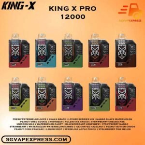 KING X PRO 12000 DISPOSABLE VAPE - SGVAPEXPRESS SINGAPORE SG COD The KING X PRO 12000 DISPOSABLE VAPE ( 12K Puffs ) Ready stock in our sg singapore store online shop for same day delivery. Explore our selection and order today! The King X Vape USER MANUAL of High Power Mode : Long Press on side button while inhale, Unlocking / Lock Child Lock : Press 5 time continuosly at the side button . Specifications: Nicotine 50mg (5%) Approx. 12000 puffs Child-Lock Safety Booster Button Rechargeable Battery Charging Port: Type-C ⚠️KING X PRO 12000 PUFFS FLAVOUR LIST⚠️ Fresh Watermelon Juice Guava Grape Lychee Berries Mix Mango Guava Watermelon Peanut Oreo Cookie Rootbeer Solero Ice Cream Strawberry Cheesecake Unicorn Milk Watermelon Candy Blackcurrant Honeydew Strawberry Mango Strawberry Watermelon Watermelon Mango Ice Coffee Hazelnut Peanut Butter Choco Peanut Corn Pancake Lemon Drop Sparkling Apple Punch Strawberry Pine Melon Vape Singapore SGVAPEXPRESS , Same day delivery in Singapore all area. Contact with us : WhatsApp SGVAPEXPRESS Join with us : Telegram Channel Group Placing order Before 5pm ,Received Parcel at evening 20:00pm - 23:00pm.