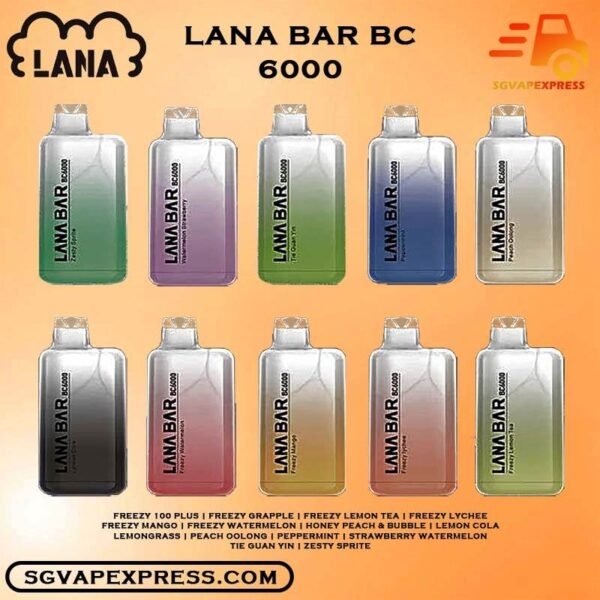 LANA BAR BC 6000 ( 6k ) DISPOSABLE - SGVAPEXPRESS VAPE SINGAPORE SG SHOP The Lana Bar Bc 6000 Puffs Disposable Vape Ready stock in our sg singapore store online shop for same day delivery.This Kit is a signature model from LanaVape. As the top-selling product of Lana Vape, it offers an impressive selection of over 30 distinct flavors, each containing 3% nicotine . Every flavor delivers a cool and slightly sweet taste that’s both invigorating and satisfying. Discover out signature Tie Guan Yin flavor, alongside popular options like Lana bar bc 6k Freezy Watermelon , Freezy Grapple, Watermelon Strawberry, Freezy Lychee, Lemon Cola, and Freezy Lemon Tea. For those craving extra sweetness, you can also enjoy Zesty Sprite or Fizzy 100 Plus flavors. Specification: Nicotine 30mg (3%) Approx. 6000 Puffs Capacity 8ml Rechargeable Battery 500mAh Charging Port: Type-C ⚠️LANA BAR BC 6000 PUFFS FLAVOUR LIST⚠️ Freezy 100 Plus Freezy Grapple Freezy Lemon Tea Freezy Lychee Freezy Mango Freezy Watermelon Honey Peach & Bubble Lemon Cola Lemongrass Peach Oolong Peppermint Strawberry Watermelon Tie Guan Yin Zesty Sprite Vape Singapore SGVAPEXPRESS , Same day delivery in Singapore all area. Contact with us : WhatsApp SGVAPEXPRESS Join with us : Telegram Channel Group Placing order Before 5pm ,Received Parcel at evening 20:00pm - 23:00pm.