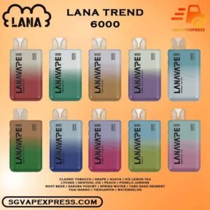 LANA TREND 6000 ( 6K PUFFS ) DISPOSABLE - SGVAPEXPRESS VAPE SINGAPORE SG SHOP The Lana Trend 6000 / 6k Puffs Disposable Vape Ready stock in our sg singapore store online shop for same day delivery. This kit goes the extra mile, Powered by a 500mAh battery,  offering an impressive 6000 puffs on a single charge. Big farewell to the inconvenience of frequent recharges, and relish uninterrupted vaping throughout your day. Prepare for a thrilling experience with Lanavape. It's like a bolt of energy in a vape, infusing the sharp vigor of an energy drink with  the delightful twist of mixed berries. Every puff is a bold and electrifying journey for those who seek an exhilarating vape. As an added bonus, the the Lana Trend comes preloaded with salt nicotine e-liquid.  This means you'll enjoy a smoother throat hit compared to freebase nicotine, and your nicotine cravings will be swiftly met,  thanks to its rapid absorption by the body. Specification: Nicotine (30mg) 3% Approx. 6000 Puffs Capacity 8ml Rechargeable Battery 550mAh Charging Port: Type-C ⚠️LANA TREND 6000 PUFFS FLAVOUR LIST⚠️ Tie Guan Yin Lychee Watermelon Grape Rootbeer Menthol ice Peach Pomelo Jasmine Tea Thai Mango Spring Water Ice Lemon Tea Sakura Yogurt Taro Sago Dessert Guava Classic Tobacco Strawberry Watermelon Apple Jasmine Tea Vape Singapore SGVAPEXPRESS , Same day delivery in Singapore all area. Contact with us : WhatsApp SGVAPEXPRESS Join with us : Telegram Channel Group Placing order Before 5pm ,Received Parcel at evening 20:00pm - 23:00pm.