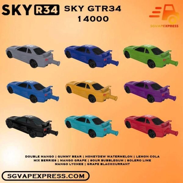 SKY LINE GTR34 ( R34 )14000 DISPOSABLE - SGVAPEXPRESS SINGAPORE SG The Sky Gtr34 Line 14000 puffs disposable also calling Sky Line Gtr R34 14k puffs vape ,  Ready stock in our sg singapore store online shop for same day delivery. The Sky Line Gtr 34 14k Puffs drawing inspiration from the iconic NISSAN SKYLINE GTR 34. With an innovative design integrating the car’s exhaust pipe into the inhale mouthpiece, it offers a distinctive and exhilarating vaping experience. Specifications: Puffs : 14000 puffs Volume : 25ML Flavours Charging : Rechargeable with Type C Coil : Mesh Coil Fully Charged Time : 20mins Nicotine Strength : 5% ⚠️SKY GTR34 14000 PUFFS FLAVOUR LIST⚠️ Double Mango Gummy Bear Honeydew Watermelon Lemon Cola Mix Berries Mango Grape Sour Bubblegum Solero Lime Mango Lychee Grape Blackcurrant Vape Singapore SGVAPEXPRESS , Same day delivery in Singapore all area. Contact with us : WhatsApp SGVAPEXPRESS Join with us : Telegram Channel Group Placing order Before 5pm ,Received Parcel at evening 20:00pm - 23:00pm.