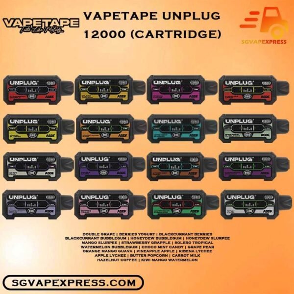 VAPETAPE UNPLUG 12000 DISPOSABLE - SGVAPEXPRESS VAPE SINGAPORE SG The Vapetape Unplug 12k Starter kit & Flavour Cartridge prefilled vape Ready stock in our sg singapore store online shop for same day delivery. Discover the freedom of Vapetape Unplug 12000 – Flavour the ultimate vape experience! Choose from 10 delicious flavors, each conveniently plug-and-use. Our innovative design features a child lock for added safety. Elevate your vaping journey with Vapetape Unplug – where flavor meets convenience. Unplug, unwind, and savor the essence of 10 unique flavors with confidence. Order now! Introducing the VAPETAPE UNPLUG 12K PUFF DISPOSABLE POD (SET KIT & CARTRIDGE PREFILLED POD), a comprehensive vaping solution designed for convenience and satisfaction. With an impressive capacity of 12,000 puffs, this set kit ensures a long-lasting and enjoyable vaping experience. The set kit includes everything you need to start vaping right away, with multiple pods for extended use. Elevate your vaping journey with the VAPETAPE UNPLUG 12K PUFF DISPOSABLE POD , available exclusively at SG VAPE Online Store. Specifications: Approx. 12000 Puffs Nicotine Strength : 5% Dual Mesh Coil Rechargeable Battery 550mAh Adjustable Airflow Child-lock Protection Charging Port: Type-C ⚠️VAPETAPE UNPLUG 12000 PUFFS FLAVOUR LIST⚠️ Apple Lychee Berries Yogurt Blackcurrant Berries Blackcurrant Bubblegum Butter Popcorn Carrot Milk Choco Mint Candy Double Grape Grape Pear Hazelnut Coffee Honeydew Bubblegum Honeydew Slurpee Kiwi Mango Watermelon Mango Slurpee Orange Mango Guava Pineapple Apple Rybena Lychee Solero Tropical Strawberry Grapple Watermelon Bubblegum Vape Singapore SGVAPEXPRESS , Same day delivery in Singapore all area. Contact with us : WhatsApp SGVAPEXPRESS Join with us : Telegram Channel Group Placing order Before 5pm ,Received Parcel at evening 20:00pm - 23:00pm.