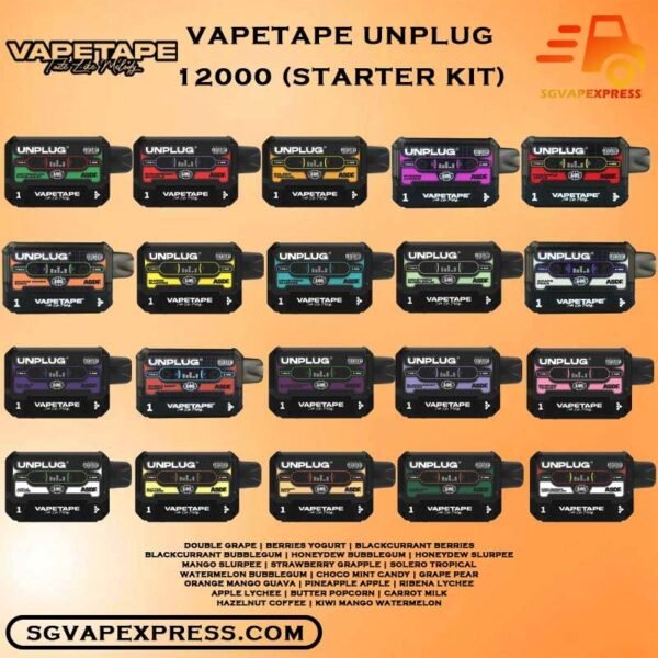VAPETAPE UNPLUG 12000 DISPOSABLE - SGVAPEXPRESS VAPE SINGAPORE SG The Vapetape Unplug 12k Starter kit & Flavour Cartridge prefilled vape Ready stock in our sg singapore store online shop for same day delivery. Discover the freedom of Vapetape Unplug 12000 – Flavour the ultimate vape experience! Choose from 10 delicious flavors, each conveniently plug-and-use. Our innovative design features a child lock for added safety. Elevate your vaping journey with Vapetape Unplug – where flavor meets convenience. Unplug, unwind, and savor the essence of 10 unique flavors with confidence. Order now! Introducing the VAPETAPE UNPLUG 12K PUFF DISPOSABLE POD (SET KIT & CARTRIDGE PREFILLED POD), a comprehensive vaping solution designed for convenience and satisfaction. With an impressive capacity of 12,000 puffs, this set kit ensures a long-lasting and enjoyable vaping experience. The set kit includes everything you need to start vaping right away, with multiple pods for extended use. Elevate your vaping journey with the VAPETAPE UNPLUG 12K PUFF DISPOSABLE POD , available exclusively at SG VAPE Online Store. Specifications: Approx. 12000 Puffs Nicotine Strength : 5% Dual Mesh Coil Rechargeable Battery 550mAh Adjustable Airflow Child-lock Protection Charging Port: Type-C ⚠️VAPETAPE UNPLUG 12000 PUFFS FLAVOUR LIST⚠️ Apple Lychee Berries Yogurt Blackcurrant Berries Blackcurrant Bubblegum Butter Popcorn Carrot Milk Choco Mint Candy Double Grape Grape Pear Hazelnut Coffee Honeydew Bubblegum Honeydew Slurpee Kiwi Mango Watermelon Mango Slurpee Orange Mango Guava Pineapple Apple Rybena Lychee Solero Tropical Strawberry Grapple Watermelon Bubblegum Vape Singapore SGVAPEXPRESS , Same day delivery in Singapore all area. Contact with us : WhatsApp SGVAPEXPRESS Join with us : Telegram Channel Group Placing order Before 5pm ,Received Parcel at evening 20:00pm - 23:00pm.