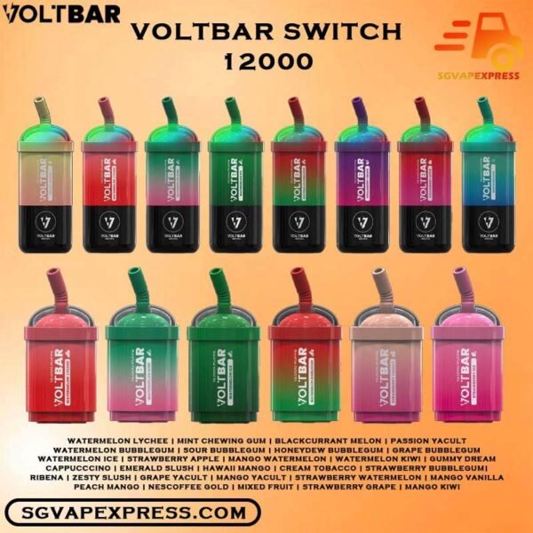 VOLTBAR SWITCH 12000 ( 12K Puffs ) DISPOSABLE ( PREFILLED CARTRIDGE & BATTERY ) - SGVAPEXPRESS The VOLTBAR SWITCH 12000 ( 12k Puffs ) Pre-filled Pod System Disposable Ready stock in our sg singapore store online shop for same day deliver, Ignite the Night, Puff in Rgb.  A Pre-filled Pod system interchangeable Cartridges for on the Go flavour swaps. Enjoy a Magnetic Connection and Explore a Wide Range of flavours, from fruity to creamy, including Yacult, Bubblegum, Slush and Ice cream Series. Specifications: RGB Light: Ignite your vaping experience with dynamic RGB lights, adding a colorful touch to every puff. Rechargeable: Stay powered wherever you go – our rechargeable design ensures your device is always ready for the next flavorful session. 12,000 Puff: Extend your satisfaction with an impressive 12,000 puffs, delivering a long-lasting and flavorful vaping journey. Pre-Filled Pod: Experience convenience at its best with pre-filled pods, ensuring a hassle-free and enjoyable vaping experience every time. Battery Charging : 650mAh Nicotine: 5% 50mg ⚠️VOLTBAR SWITCH 12000 PUFFS FLAVOUR LIST⚠️ Watermelon Lychee Mint Chewing Gum Blackcurrant Melon Passion Yacult Watermelon Bubblegum Sour Bubblegum Honeydew Bubblegum Grape Bubblegum Watermelon Ice Strawberry Apple Mango Watermelon Watermelon Kiwi Gummy Dream Cappucccino Emerald Slush Hawaii Mango Cream Tobacco Strawberry Bubblegum Ribena Zesty Slush Grape Yacult Mango Yacult Strawberry Watermelon Mango Vanilla Peach Mango Nescoffee Gold Mixed Fruit Strawberry Grape Mango Kiwi Honeydew Ice Cream Yakult Original Hazelnut Coffee Honeydew Rootbeer Vape Singapore SGVAPEXPRESS , Same day delivery in Singapore all area. Contact with us : WhatsApp SGVAPEXPRESS Join with us : Telegram Channel Group Placing order Before 5pm ,Received Parcel at evening 20:00pm - 23:00pm.