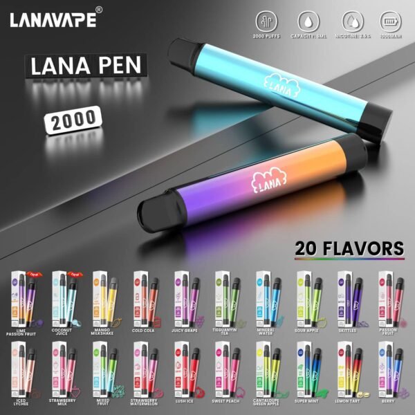LANA PEN 2000 DISPOSABLE ( 2K Puffs ) - SGVAPEXPRESS VAPE SINGAPORE SG SHOP The Lana Pen 2000 Puffs ( 2K ) Disposable Vape Ready stock in our sg singapore store online shop for same day delivery. This Kit has a fashionable appearance. It uses a stainless steel tube as a carrier and wraps a layer of transparent glass. Lana always pays attention to the user's comfort and brings customers the ultimate holding experience. The Lana pen is equipped with a high-quality filter cotton core, and the newly developed fog Chemical technology, intelligent temperature control chip, the cigarette holder adopts ergonomic design, which fits most people's lips and creates a natural smoking experience. The Lana pen does not need to be charged repeatedly and can be thrown away after use. The built-in battery capacity of 1000mAh, 6ml of cigarette The oil reserve ensures that users can finish each Lana pen, and each Lana pen can pump 2000puffs on average. Lana pays attention to the use experience of each customer and continuously improves the product, only to bring better products to customers. Specification : Puff: 2000 Puffs Nicotine Strength: 3.5% (35mg) E-Liquid Capacity: 6ml Battery Capacity: 1000mAh ⚠️LANA PEN 2000 FLAVOUR LINE UP⚠️ Sour Apple Berry Blast Cold Coke Grape Ice Lush Ice Lychee Ice Mango Milkshake Mineral Water Mixed Fruit Passion Fruit Sweet Peach Skittles Strawberry Milk Strawberry Watermelon Tie Guan Yin Lemon Tart Cantaloupe Super Mint Coconut Juice Lime Passion Fruit Vape Singapore SGVAPEXPRESS , Same day delivery in Singapore all area. Contact with us : WhatsApp SGVAPEXPRESS Join with us : Telegram Channel Group Placing order Before 5pm ,Received Parcel at evening 20:00pm - 23:00pm.