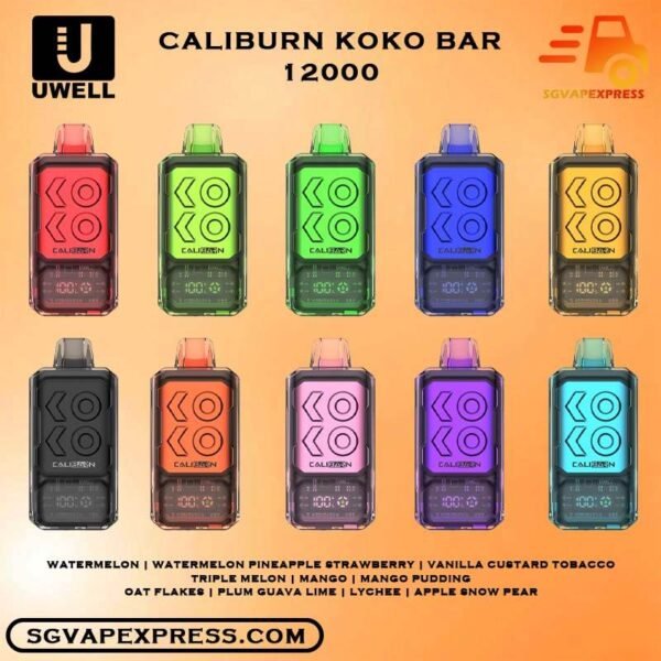 UWELL CALIBURN KOKO BAR 12000 DISPOSABLE - SGVAPEXPRESS VAPE SINGAPORE SG SHOP The Uwell Caliburn Koko Bar 12000 Puffs Vape Ready stock at Singapore sg shop on sale for same day delivery. The Caliburn BAR 12k puffs is a revolutionary disposable vape that has taken the vaping industry by storm. This powerful and feature-rich device boasts an impressive array of specifications and capabilities, making it an attractive choice for both novice and experienced vapers alike. In this in-depth review, we’ll explore the various aspects of the Caliburn BAR S12000, providing you with all the information you need to make an informed decision about whether this disposable vape is the right fit for your vaping needs. Specifications: Battery Capacity: 800 mAh E-Liquid Capacity: 20 mL Nicotine Strength: 5% (50 mg/mL) Power Modes: Boost Mode (22W) and Regular Mode (16W) Coil: Dual 1.2-ohm coil (UWELL’s patented Flagship Dual Coil atomization system) Puff Count: Up to 12,000 puffs Charging: USB Type-C charging port Airflow: Adjustable airflow control Display: Smart LED screen with multiple animations ⚠️UWELL CALIBURN KOKO BAR 12000 FLAVOUR LINE UP⚠️ Watermelon Watermelon Pineapple Strawberry Vanilla Custard Tobacco Triple Melon Mango Mango Pudding Oat Flakes Plum Guava Lime Lychee Apple Snow Pear Vape Singapore SGVAPEXPRESS , Same day delivery in Singapore all area. Contact with us : WhatsApp SGVAPEXPRESS Join with us : Telegram Channel Group Placing order Before 5pm ,Received Parcel at evening 20:00pm - 23:00pm.