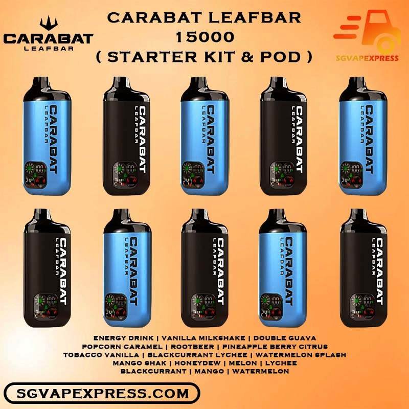 CARABAT LEAFBAR 15000 DISPOSABLE - SGVAPEXPRESS VAPE SINGAPORE SG SHOP The CARABAT LEAFBAR 15000 DISPOSABLE VAPE Ready stock in singapore store sg online shop line up. The CARABAT LEAFBAR 15k is starter kit & prefilled cartridge pod system design,  This kit is lasted production from CARABAT VAPE company, available 10 +plus flavour for singapore vaper choose!try it now! The new carabat leafbar 15000 puffs is ready stock in Singapore. The device is comes with starter kit and pod version. Battery device and flavor pod is included in starter kit package, the pod package only comes with pod. If you looking for big capacity vape device, the carabat leafbar is your first choice because it can support up to 15000 puffs per device! STARTER KIT Package Include : X1 Carabat Device X1 Prefilled Pod 15k Puffs CARTRIDGE Package Include : X1 Prefilled Pod 15k Puffs Specification : Nicotine 5 % Approx. 15000 Puffs Safety Child Lock Dual Mesh Coil Adjustable Airflow Rechargeable Battery (Type C Port) ⚠️CARABAT LEAFBAR 15000 STARTER KIT & POD FLAVOUR LINE UP⚠️ Energy Drink Vanilla Milkshake Double Guava Popcorn Caramel Rootbeer Pineapple Berry Citrus Tobacco Vanilla Blackcurrant Lychee Watermelon Splash Mango Shak Honeydew Melon Lychee Blackcurrant Mango Watermelon Vape Singapore SGVAPEXPRESS , Same day delivery in Singapore all area. Contact with us : WhatsApp SGVAPEXPRESS Join with us : Telegram Channel Group Placing order Before 5pm ,Received Parcel at evening 20:00pm - 23:00pm.