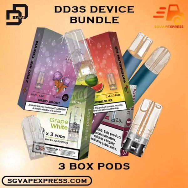 DD3S DEVICE BUNDLE 95 - SGVAPEXPRESS VAPE SINGAPORE SG SHOP The DD3S DEVICE BUNDLE 95 Package include : 1 X DD3S DEVICE 3 x ( Sp2 , Lana , R-one ) Pods FREE DELIVERY DARK RIDER 3s also as DD3S Device Vape , Ready stock in our sg singapore store online shop. is the epitome of innovation, delivering the highest quality vaping experience. Available in four stunning colors, this vape device boasts a unique feature: flashing lights that illuminate with every inhale. But that's just the beginning. DARK RIDER 3's ingenious button design empowers you to control the flashing lights, as well as switch between low and high power wattage settings. Tailor your vape to perfection by adjusting the voltage to suit any pod – crank it up for intense flavors or dial it down for a subtle, nuanced taste. One remarkable feature of DARK RIDER is its compatibility with a wide range of 1st generation pod flavors, including SP2, RELX, LANA, R-ONE, and many more others vape. Features: Built-in Battery 450mAh Low Power 6.2w (350-420 puff) High Power 10.2w (230-280 puff) Resistance Range: 1.0Ω-1.2Ω Vibration Reminder Button Fuctions : Button Press & Hold For 3 Seconds To Switch Power Blue Light – Normal Power Green Light – Strong Power Red Light – Low Battery Press 3 Times Continousl:To Switch On/Off Light Blinking ⚠️DD3S DEVICE COLOR LINE UP⚠️ Pearl White Ocean Myth Unicorn Volcano Camo Vape Singapore SGVAPEXPRESS , Same day delivery in Singapore all area. Contact with us : WhatsApp SGVAPEXPRESS Join with us : Telegram Channel Group Placing order Before 5pm ,Received Parcel at evening 20:00pm - 23:00pm.
