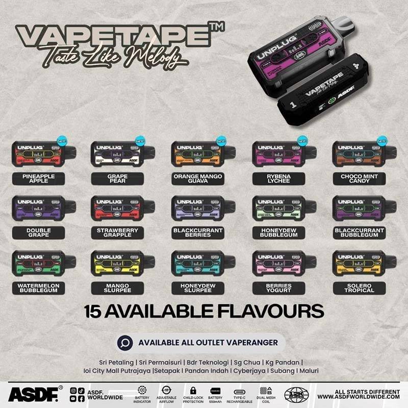 03072024-vapetape-unplug-12k-puffs-disposable RESTOCK 03072024 – VAPETAPE UNPLUG 12000 PUFFS DISPOSABLE Vape The Vapetape Unplug 12k Starter kit & Flavour Cartridge prefilled vape Ready stock in our sg singapore store online shop for same day delivery. Discover the freedom of Vapetape Unplug – the ultimate vape experience! Choose from 10 delicious flavors, each conveniently plug-and-use. Our innovative design features a child lock for added safety. Elevate your vaping journey with Vapetape Unplug – where flavor meets convenience. Unplug, unwind, and savor the essence of 10 unique flavors with confidence. Order now! Introducing the VAPETAPE UNPLUG 12K PUFF DISPOSABLE POD (SET KIT & CARTRIDGE PREFILLED POD), a comprehensive vaping solution designed for convenience and satisfaction. With an impressive capacity of 12,000 puffs, this set kit ensures a long-lasting and enjoyable vaping experience. The set kit includes everything you need to start vaping right away, with multiple pods for extended use. Elevate your vaping journey with the VAPETAPE UNPLUG 12K PUFF DISPOSABLE POD , available exclusively at SG VAPE Online Store. Flavours choose Apple Lychee Berries Yogurt Blackcurrant Berries Blackcurrant Bubblegum Butter Popcorn Carrot Milk Choco Mint Candy Double Grape Grape Pear Hazelnut Coffee Honeydew Bubblegum Honeydew Slurpee Kiwi Mango Watermelon Mango Slurpee Orange Mango Guava Pineapple Apple Rybena Lychee Solero Tropical Strawberry Grapple Watermelon Bubblegum Vape Singapore Shop Online SGVAPEXPRESS We have more than 10+ brands such as vapetape, voltbar, elf bar, lana, sp2, relx, r one, aladdin pro and more.