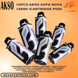 10 X AKSO SUPA NOVA 12000 CARTRIDGE POD - SGVAPEXPRESS VAPE SINGAPORE SG SHOP Sale of bundle package AKSO SUPA NOVA 12000 Puffs Cartridge Prefilled Pod , choose 10Pcs flavour get lowest price at SG VAPE XPRESS SINGAPORE SHOP! The AKSO SUPA NOVA 12000 puffs disposable vape is Starter Kit & Prefilled Pod design. Introducing the AKSO Supa Nova 12k closed pod disposable vape, crafted for flexibility and ease of use. It features adjustable wattage ranging from 10W to 20W, allowing users to customize their vaping experience. Safety is paramount with a child lock and a rechargeable battery equipped with anti-overcharge and auto cut-off systems. Monitoring your vape is simple with liquid and battery indicators, ensuring you’re always informed. Adjust the airflow to your liking and enjoy up to 12,000 puffs per cartridge. Plus, it’s compatible with cartridges from the Akso Supa Pro series, offering compatibility and versatility for vapers. Safety : Designed with user safety and convenience in mind. It features a child lock mechanism where activation and deactivation require pressing any button for 3 seconds, preventing accidental operation. The rechargeable battery includes anti-overcharge protection and an auto cut-off system, ensuring prolonged battery lifespan and safe charging practices. Cartridge System Pod: Offering an impressive 12k puff capacity per cartridge. It is compatible with cartridges from the Akso Supa Pro series, providing versatility and convenience. With over 40 flavors to choose from, users can explore a wide range of options to suit their preferences and tastes. CARTRIDGE Package Include : X1 Prefilled Pod 12k Puffs Specifications : Puff: 12000 Puffs Nicotine Strength: 5% Adjustable wattage : 10W to 20W Liquid and battery indicator Charging Port: 650 mAh Rechargeable Type-C Package Include : 10 X AKSO SUPA NOVA 12K Puffs - Cartridge Prefilled Pod Free Delivery Charge ⚠️AKSO SUPA NOVA 12000 CARTRIDGE FLAVOUR LIST⚠️ Strawberry Banana Custard Honeydew Chocolate Mint Butter Mint Candy Strawberry Mango Strawberry Yam Cheese Blackcurrant Oat Crunch Mango Sirap Bandung Vanilla Tobacco Passion Soursop Mango Mango Passion Grape Apple Custard Cranberry Grape Milk Caramel Watermelon Gummy Icy Watermelon Gum Icy Lemon Cola Icy Grape Apple Icy Watermelon Strawberry Icy Honey Melon Icy Energy Drink Vape Singapore SGVAPEXPRESS , Same day delivery in Singapore all area. Contact with us : WhatsApp SGVAPEXPRESS Join with us : Telegram Channel Group Placing order Before 5pm ,Received Parcel at evening 20:00pm - 23:00pm.