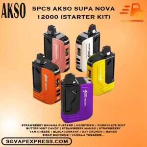 5PCS AKSO SUPA NOVA 12000 DISPOSABLE - SGVAPEXPRESS VAPE SINGAPORE SG SHOP Sale of bundle package AKSO SUPA NOVA 12000 Puffs Starter Kit , choose 5Pcs flavour get lowest price at SG VAPE XPRESS SINGAPORE SHOP! The AKSO SUPA NOVA 12000 puffs disposable vape is Starter Kit & Prefilled Pod design ,ready stock in our sg singapore store online shop for same day delivery. Introducing the AKSO Supa Nova 12k closed pod disposable vape, crafted for flexibility and ease of use. It features adjustable wattage ranging from 10W to 20W, allowing users to customize their vaping experience. Safety is paramount with a child lock and a rechargeable battery equipped with anti-overcharge and auto cut-off systems. Monitoring your vape is simple with liquid and battery indicators, ensuring you’re always informed. Adjust the airflow to your liking and enjoy up to 12,000 puffs per cartridge. Plus, it’s compatible with cartridges from the Akso Supa Pro series, offering compatibility and versatility for vapers. Safety : Designed with user safety and convenience in mind. It features a child lock mechanism where activation and deactivation require pressing any button for 3 seconds, preventing accidental operation. The rechargeable battery includes anti-overcharge protection and an auto cut-off system, ensuring prolonged battery lifespan and safe charging practices. Cartridge System Pod: Offering an impressive 12k puff capacity per cartridge. It is compatible with cartridges from the Akso Supa Pro series, providing versatility and convenience. With over 40 flavors to choose from, users can explore a wide range of options to suit their preferences and tastes. STARTER KIT Package Include : X1 AKSO SUPA NOVA 12K Device Battery X1 Prefilled Pod 12k Puffs Specifications : Puff: 12000 Puffs Nicotine Strength: 5% Adjustable wattage : 10W to 20W Liquid and battery indicator Charging Port: 650 mAh Rechargeable Type-C Package Include : 10 X AKSO SUPA NOVA 12K Puffs - Starter Kit Free Delivery Charge ⚠️AKSO SUPA NOVA 12000 STARTER KIT FLAVOUR LIST⚠️ Strawberry Banana Custard Honeydew Chocolate Mint Butter Mint Candy Strawberry Mango Strawberry Yam Cheese Blackcurrant Oat Crunch Mango Sirap Bandung Vanilla Tobacco Passion Soursop Mango Mango Passion Grape Apple Custard Cranberry Grape Milk Caramel Watermelon Gummy Icy Watermelon Gum Icy Lemon Cola Icy Grape Apple Icy Watermelon Strawberry Icy Honey Melon Icy Energy Drink Vape Singapore SGVAPEXPRESS , Same day delivery in Singapore all area. Contact with us : WhatsApp SGVAPEXPRESS Join with us : Telegram Channel Group Placing order Before 5pm ,Received Parcel at evening 20:00pm - 23:00pm.
